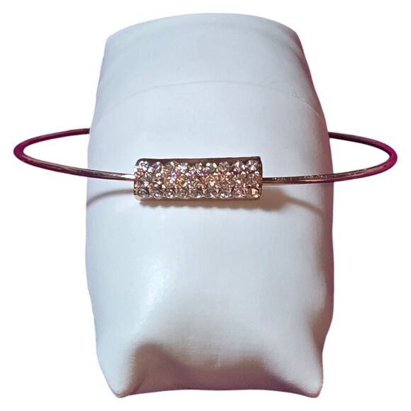 Minimalist Rose Gold-Tone Thin Bangle Bracelet W/ Pavé CZ Cluster Bar Accent 8" - Picture 1 of 6
